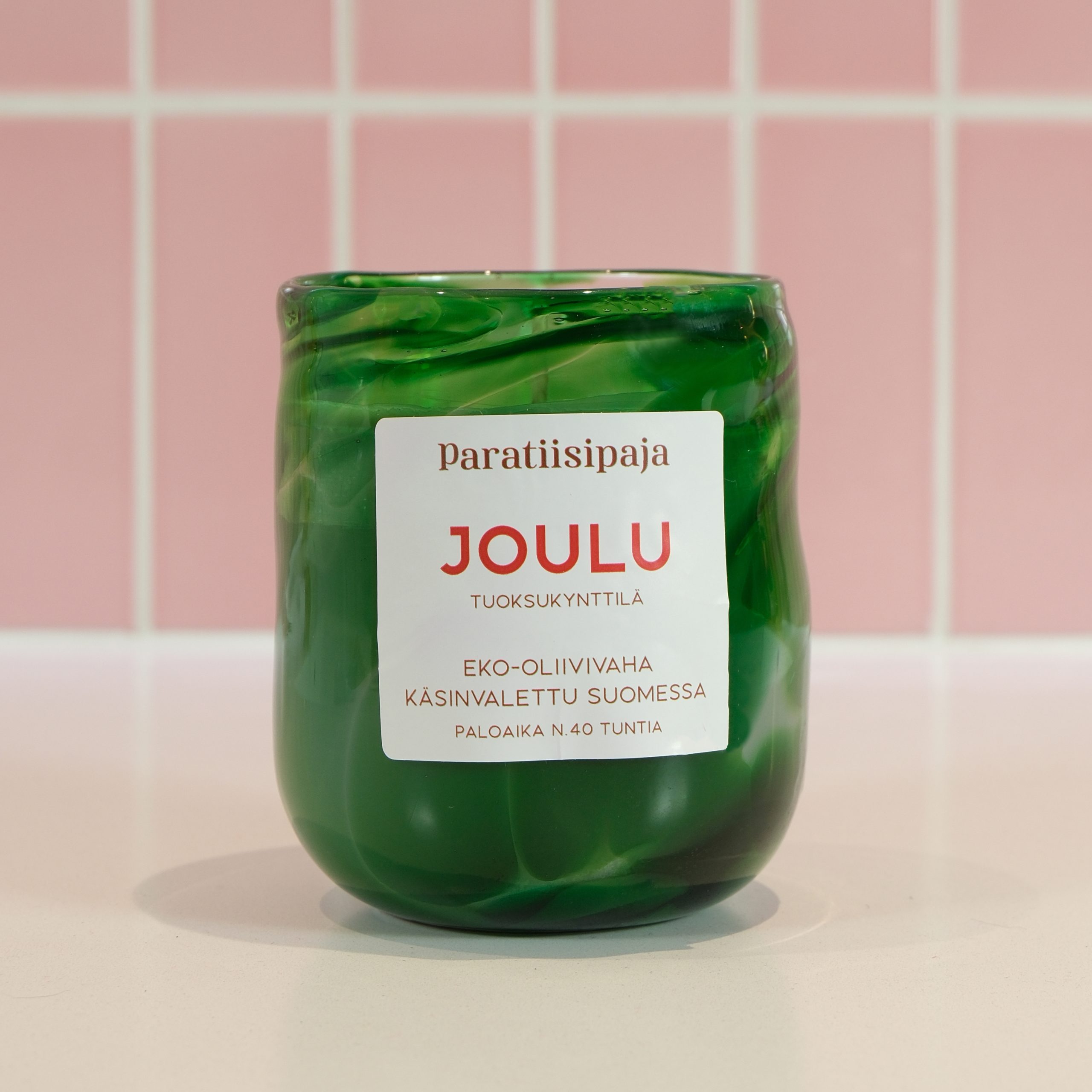 Tuoksukynttilä Joulu + käsintehty lasi vihreäpilkullinen